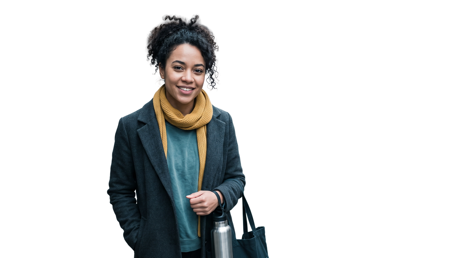 Smiling woman wearing a coat and scarf on a city street