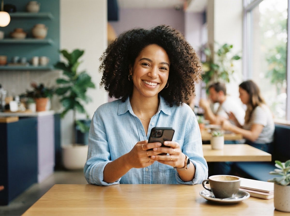 Woman smiling while using her phone at a café table