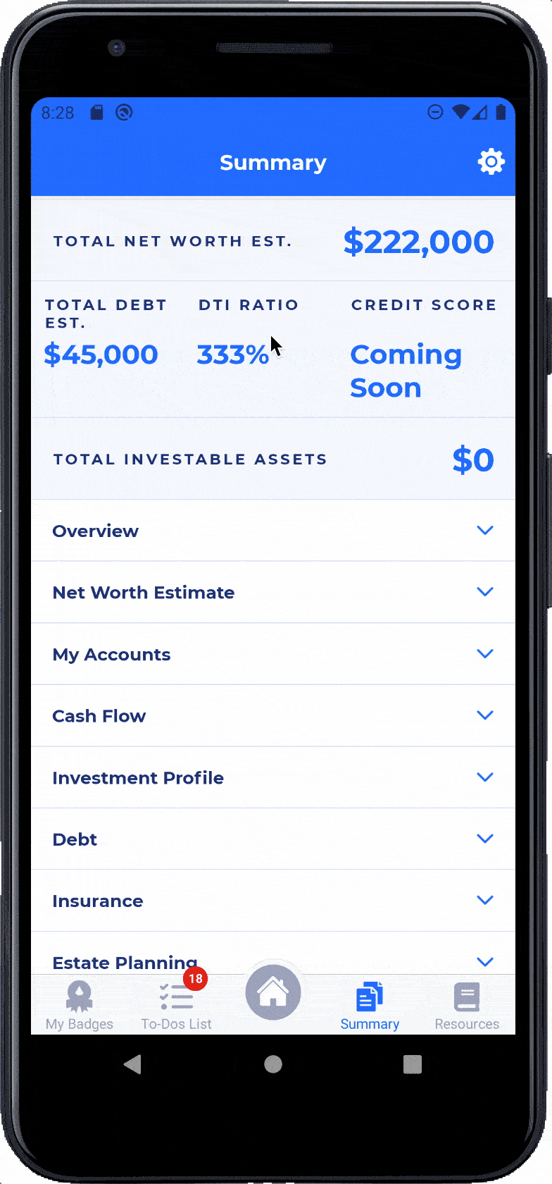 Pocketnest app summary screen on a phone